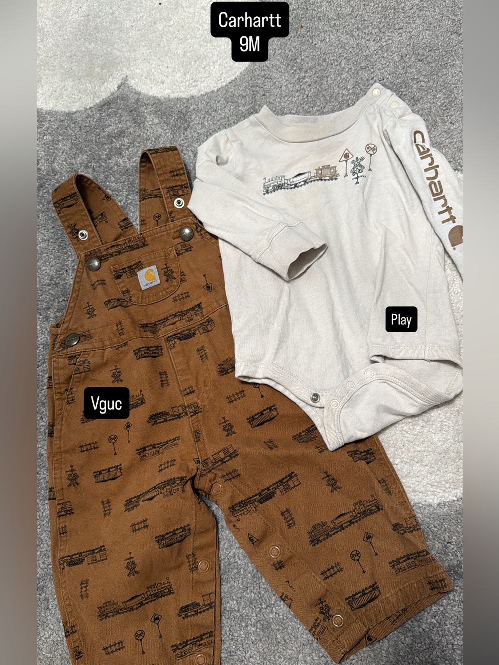 Carhartt Brown Train-Print Toddler Overalls